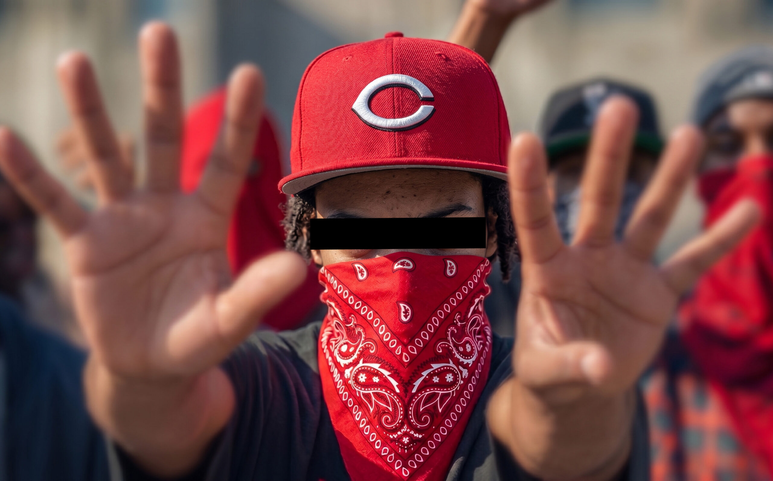 Red bandana-wearing protester with raised hands and a baseball cap, face partially covered.