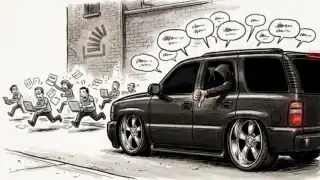 Car being chased by a group of people with laptops and speech bubbles in a sketch style.