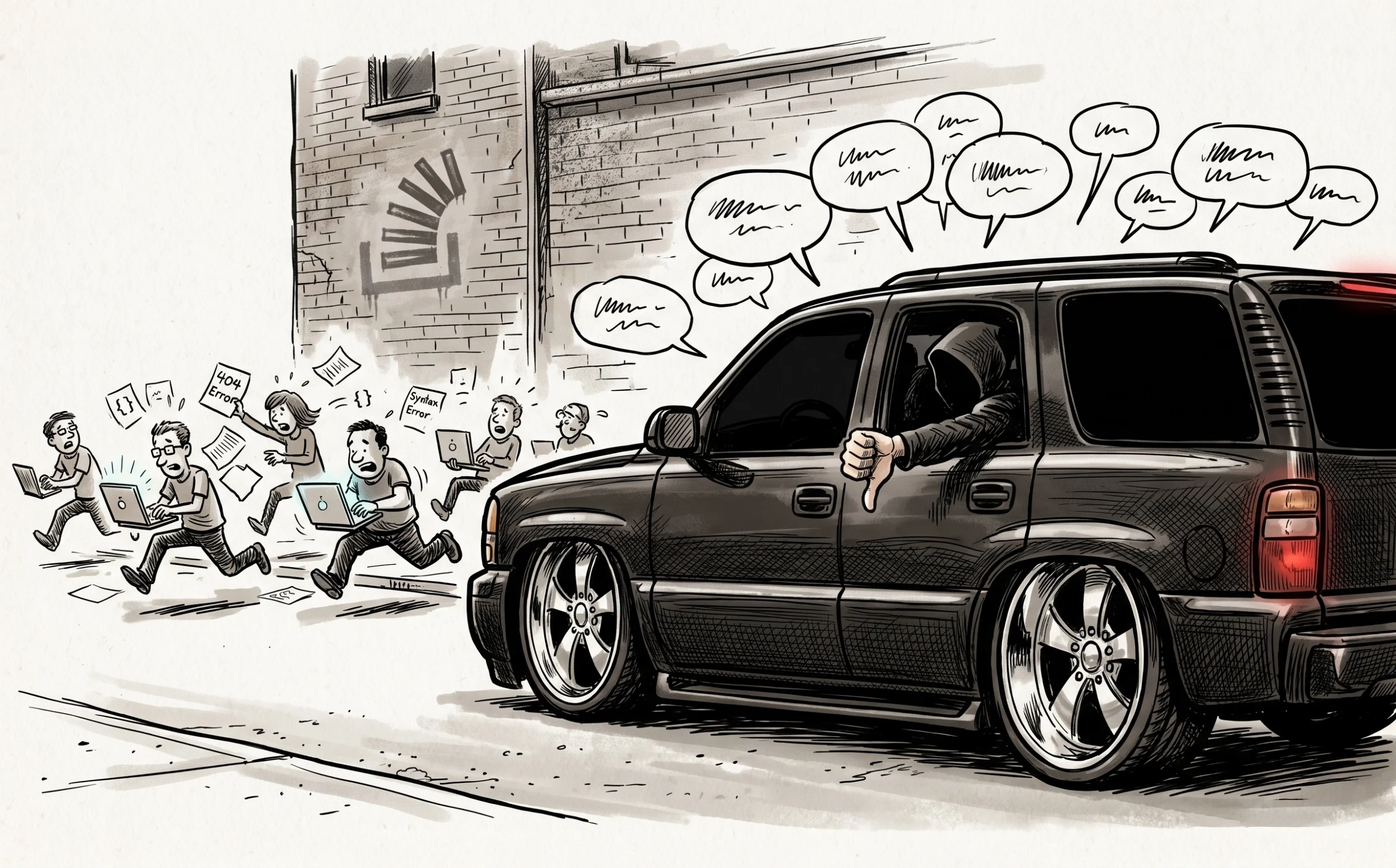 Car being chased by a group of people with laptops and speech bubbles in a sketch style.