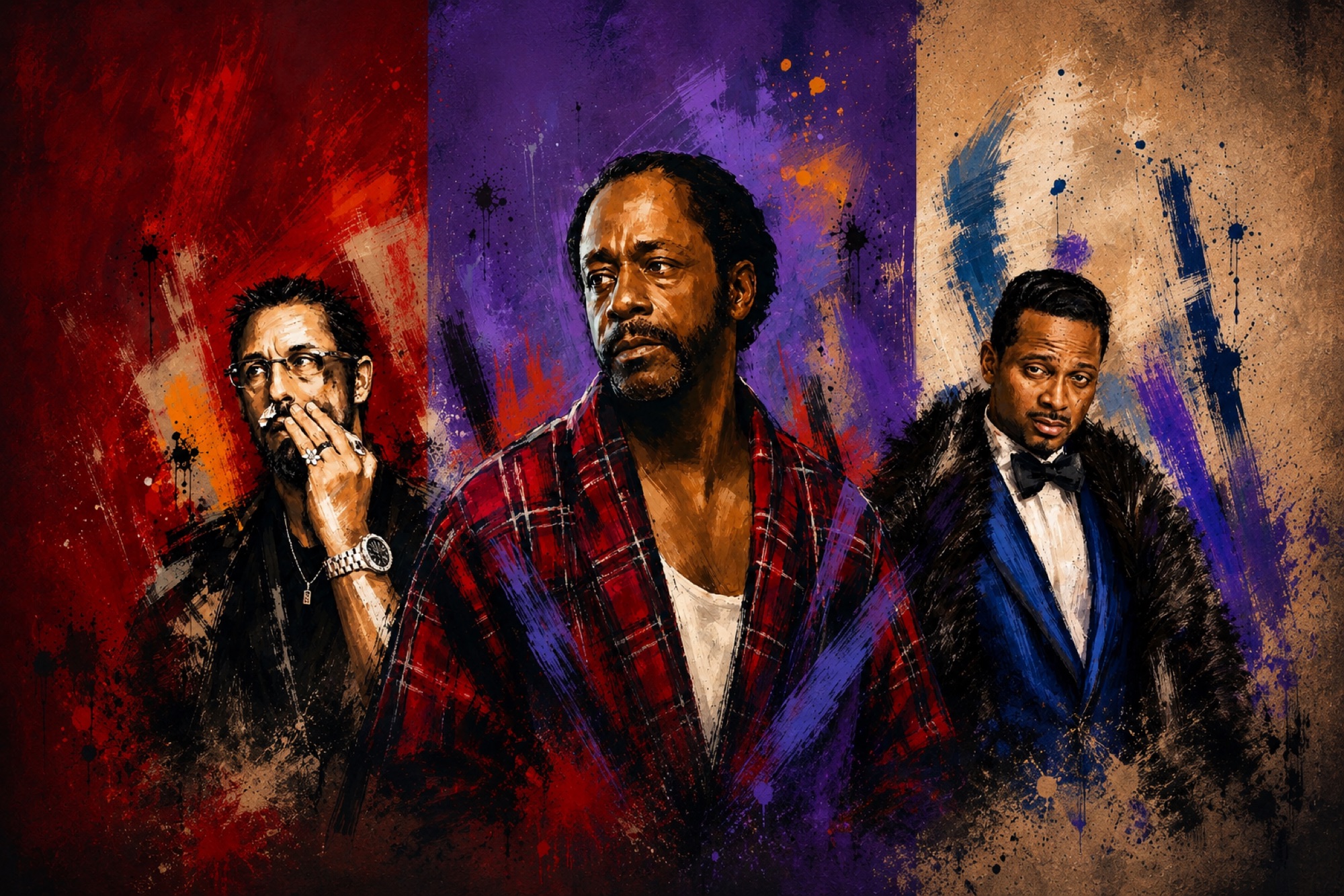 Illustrated collage of comedy actors known for serious dramatic roles