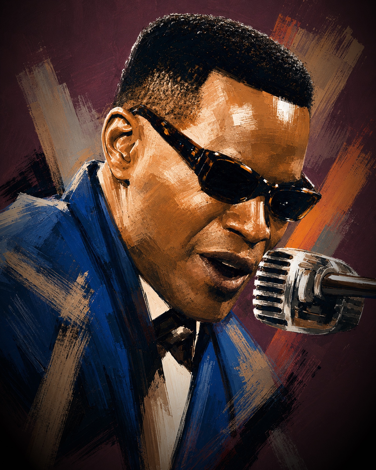 Comedy actor Jamie Foxx in his serious role as Ray Charles in Ray — painted portrait