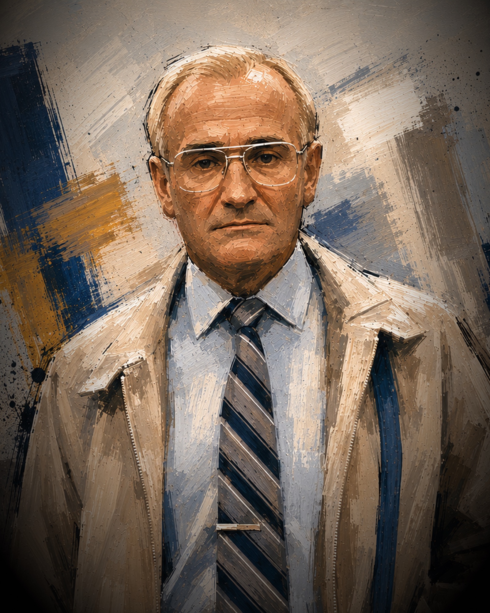 Painted portrait of Robin Williams as Sy the photo tech in One Hour Photo