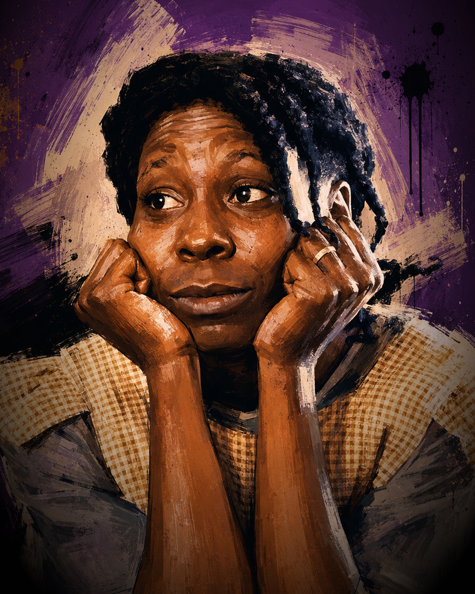 Comedy actor Whoopi Goldberg in her serious role as Celie in The Color Purple — painted portrait